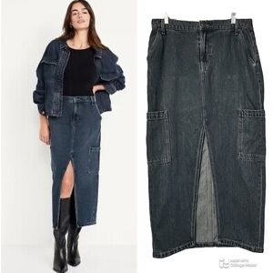 Dark Denim cargo Maxi Skirt with Front Slit